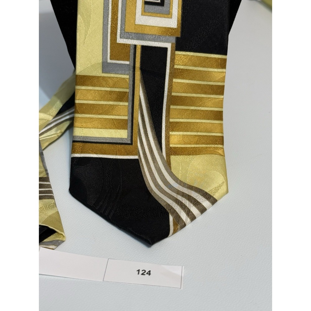 Dino Bassi Vintage Silk Tie Geometric Art Deco Gold Black Yellow 90s Y2K Korea - Picture 2 of 6